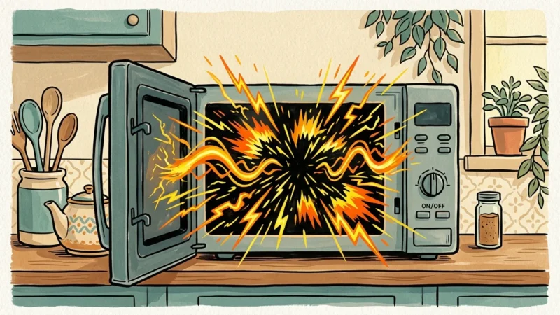 A conceptual gouache and ink illustration of an open microwave on a kitchen counter, with stylized gold sparks radiating from its dark inter