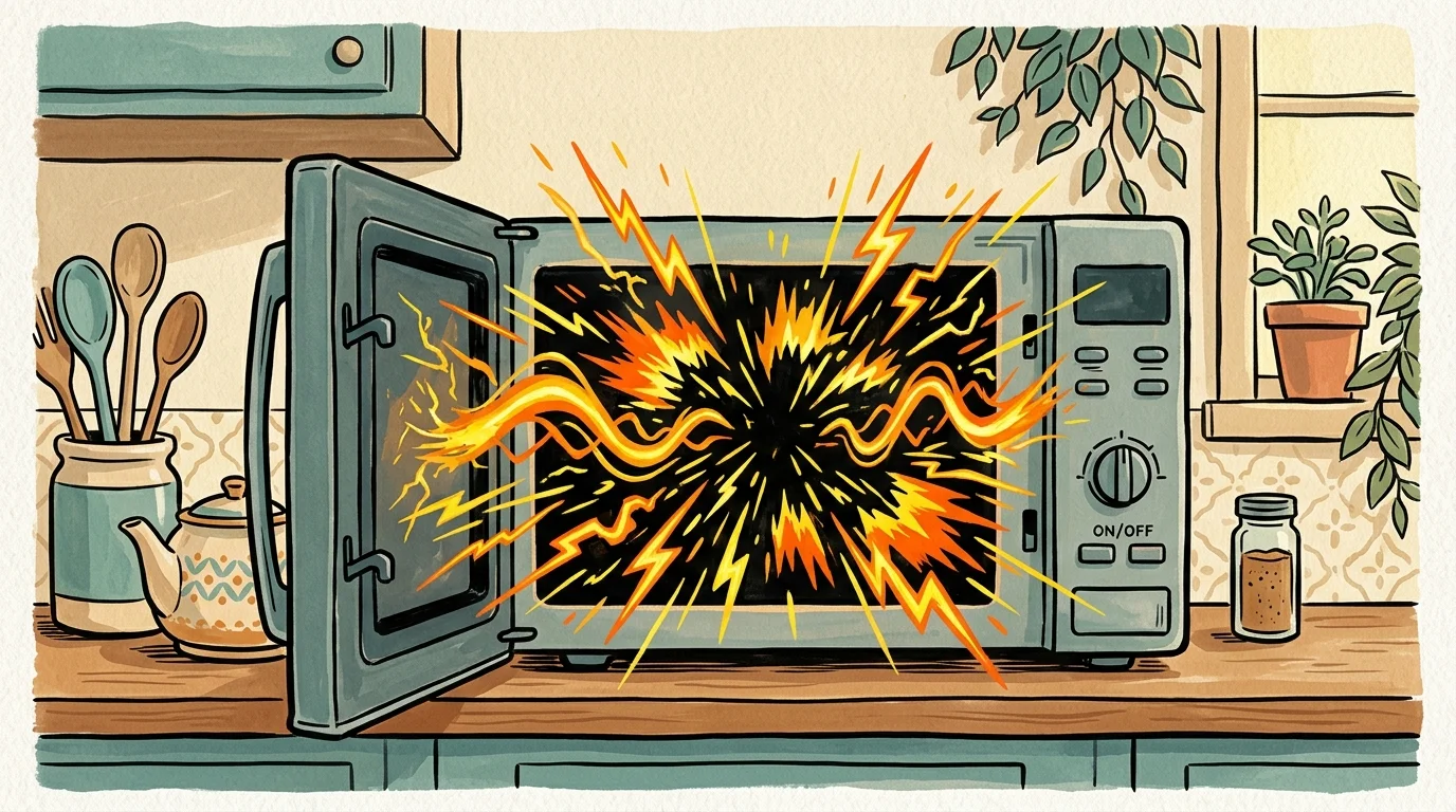 A conceptual gouache and ink illustration of an open microwave on a kitchen counter, with stylized gold sparks radiating from its dark inter
