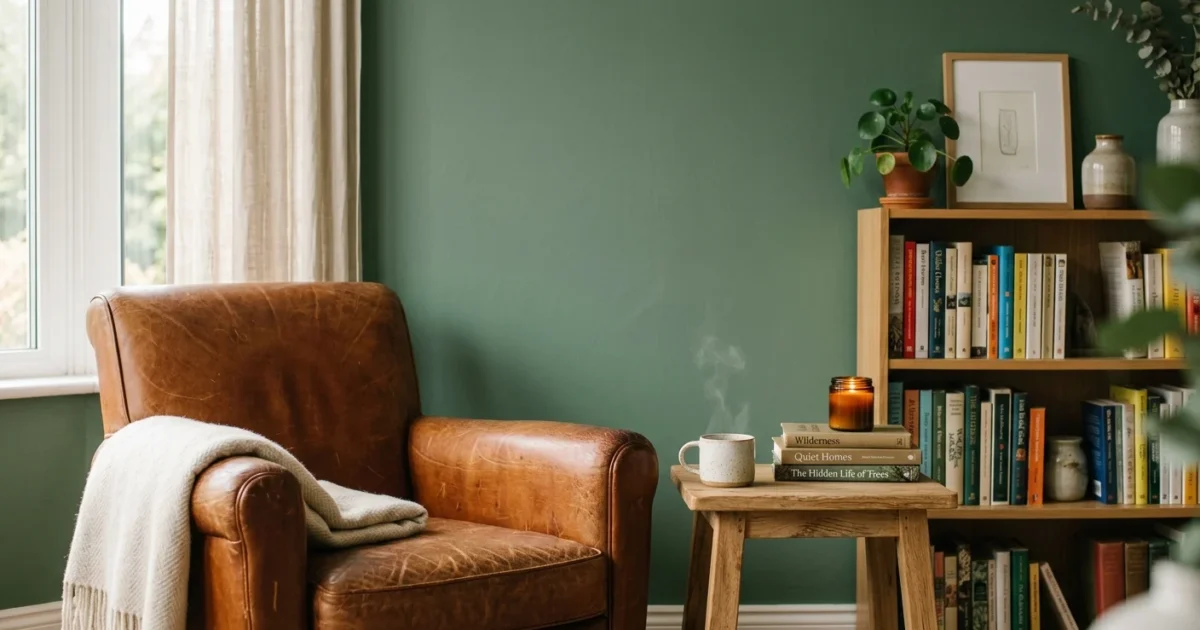 A cozy living room corner featuring a rich sage green accent wall behind a cognac leather armchair and wooden side table.