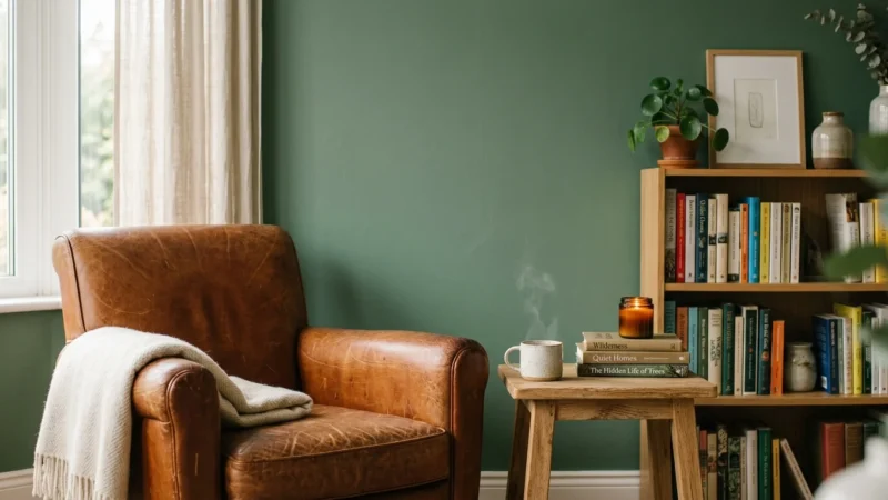 A cozy living room corner featuring a rich sage green accent wall behind a cognac leather armchair and wooden side table.