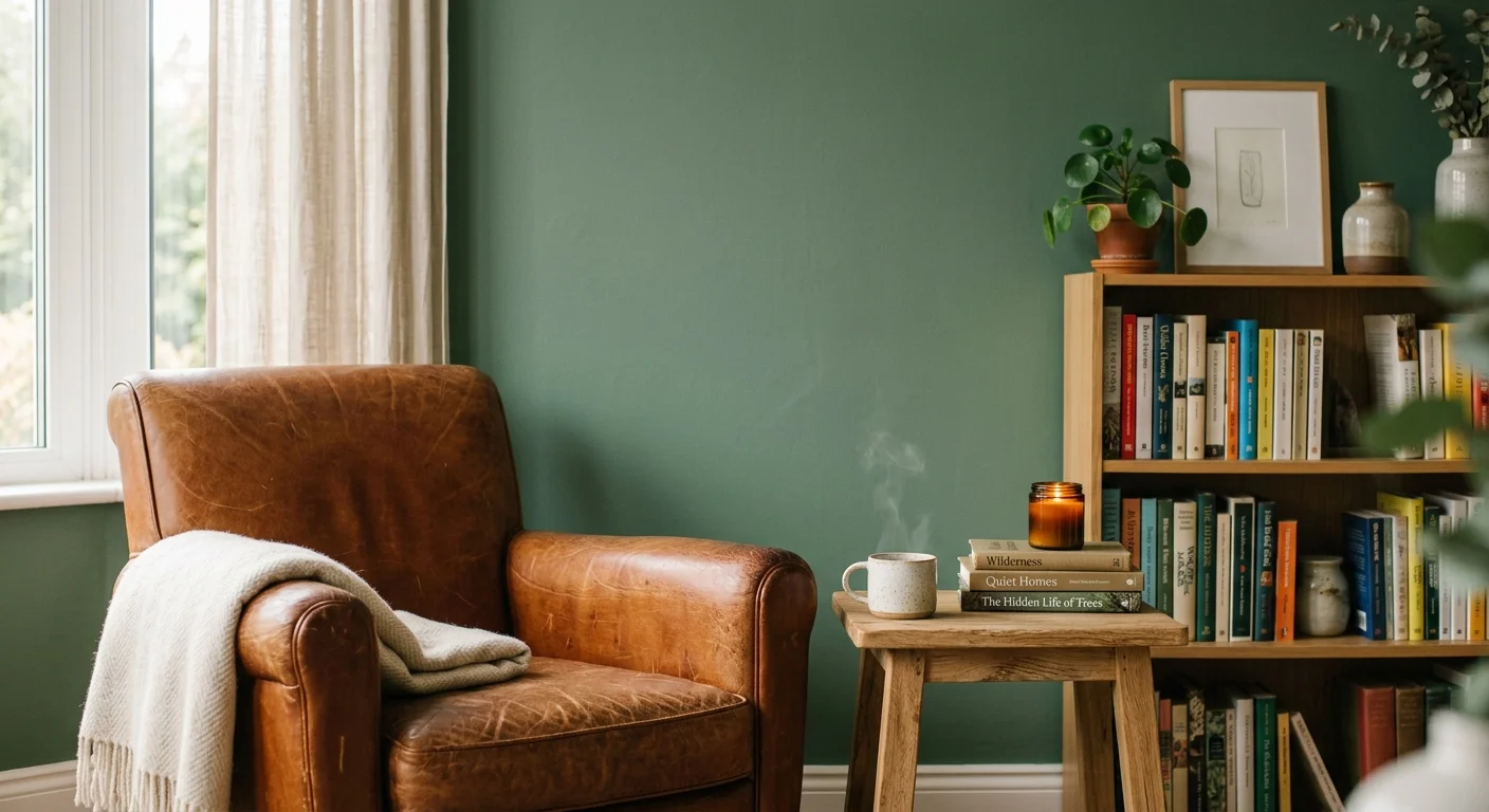 A cozy living room corner featuring a rich sage green accent wall behind a cognac leather armchair and wooden side table.