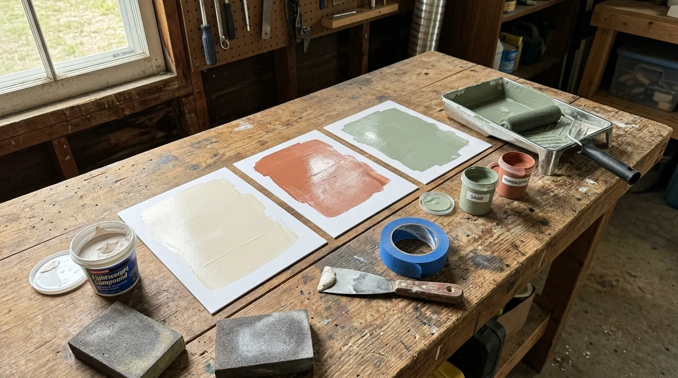 A flat-lay view of paint tools on a wooden workbench, including three poster board swatches, painter's tape, a putty knife, and paint sample
