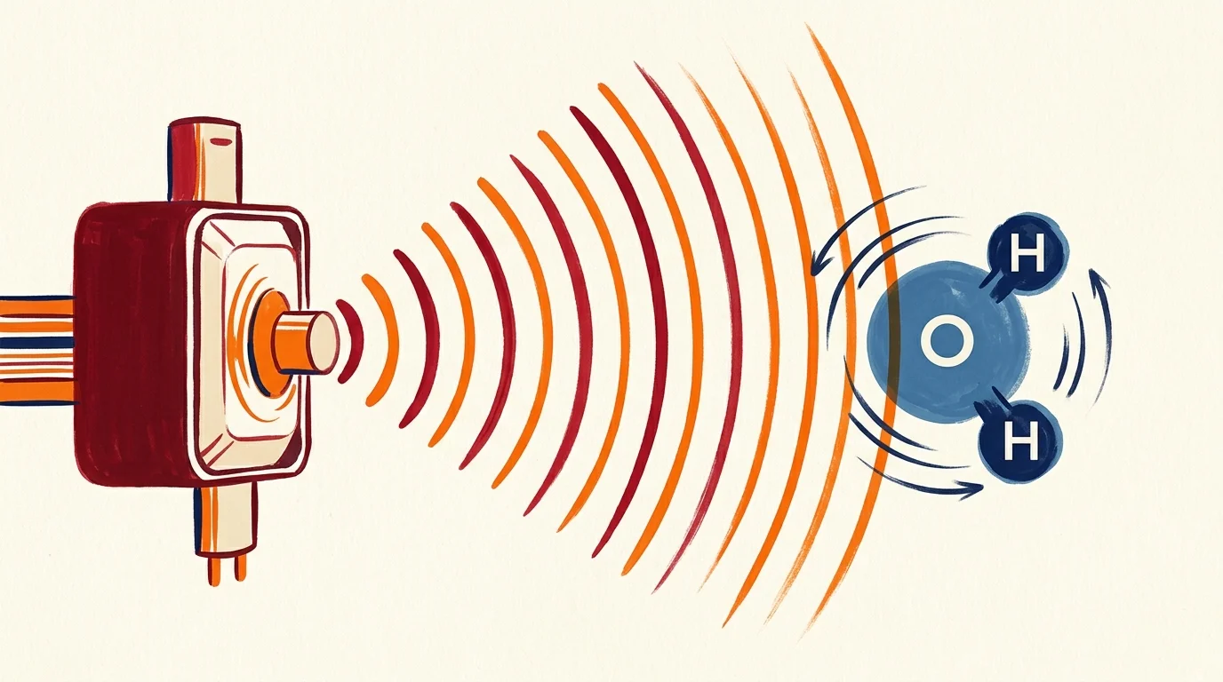 A gouache and ink diagram illustrating microwave science, showing radio waves agitating a water molecule to generate heat.