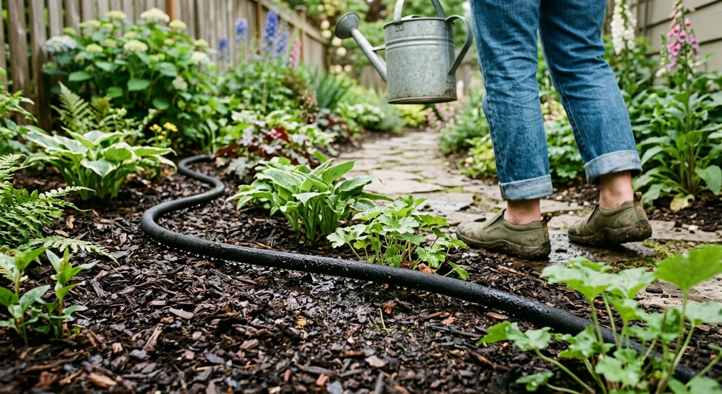 A ground-level photo of a black soaker hose weeping water onto dark soil, with a gardener walking in the background.