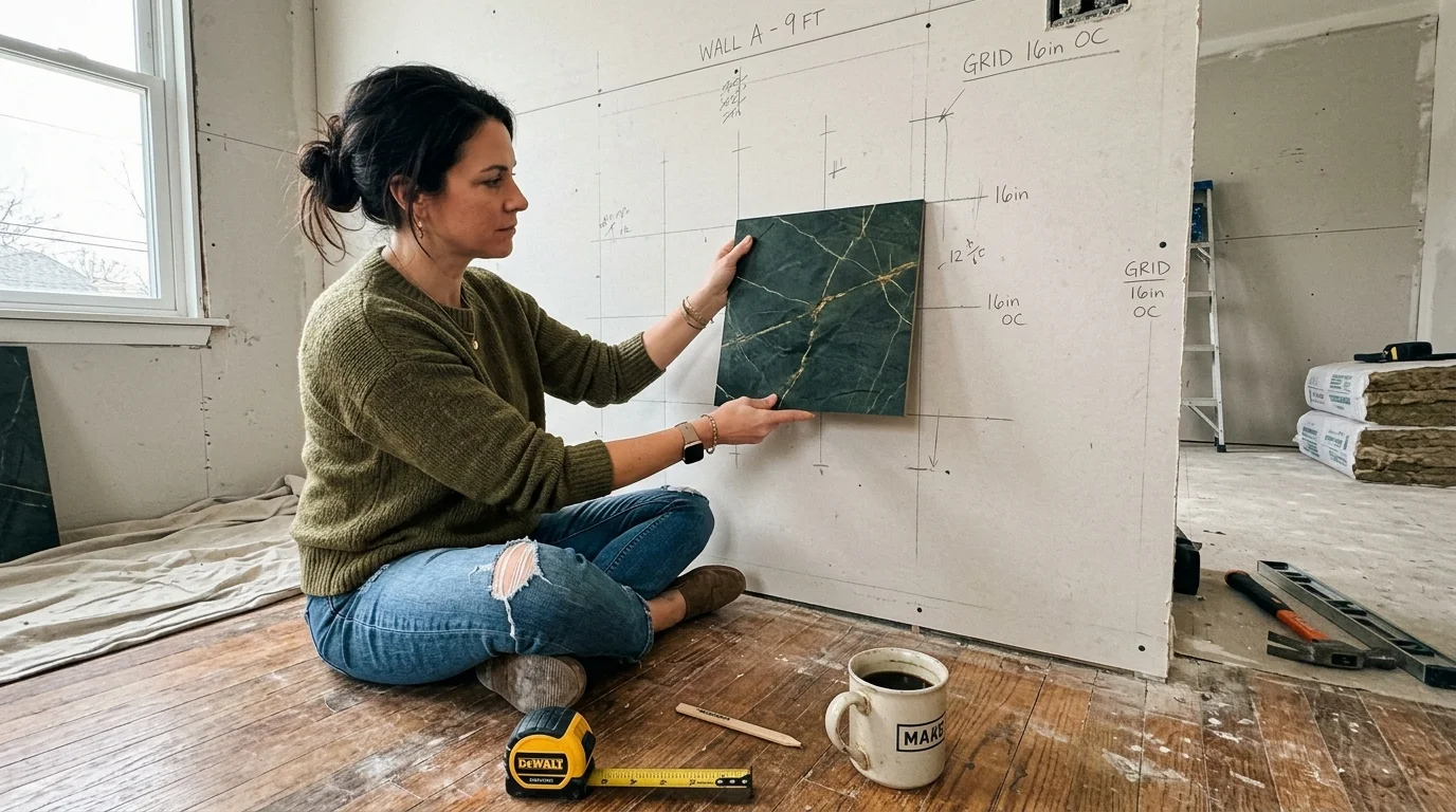 A homeowner sitting on the floor holding a green and gold quartzite stone sample against a marked-up drywall wall during planning.