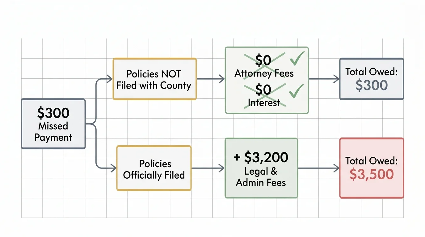 A horizontal financial flowchart comparing the cost of an HOA dispute when policies are filed versus when they are unrecorded.