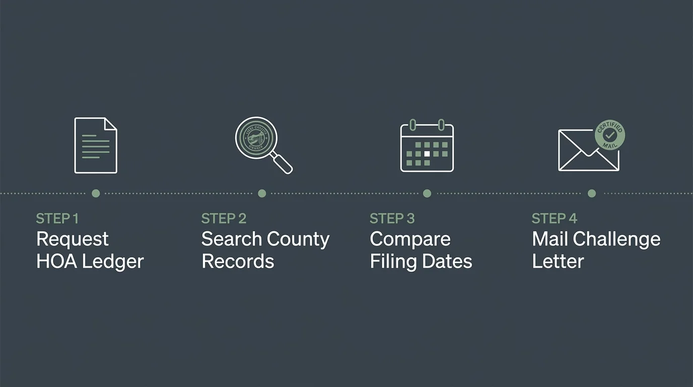 A horizontal four-step infographic illustrating the process of requesting a ledger, searching records, comparing dates, and mailing a challe
