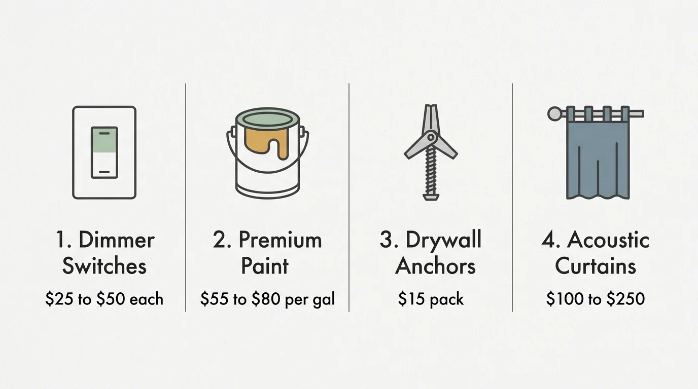 A horizontal, minimalist diagram listing estimated costs for dimmer switches, paint, drywall anchors, and acoustic curtains.