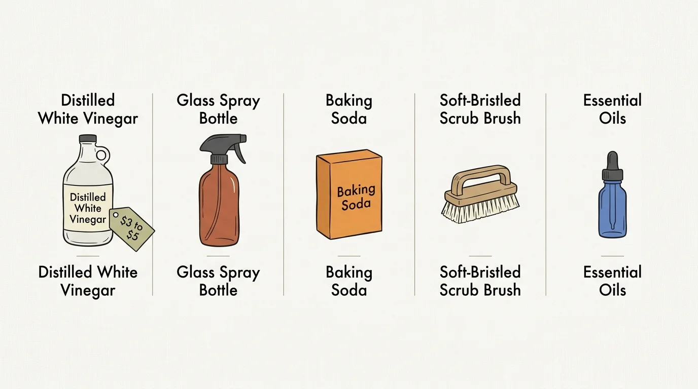 A horizontal minimalist diagram showing the five essential tools for laundry prep, including vinegar, spray bottles, and baking soda.