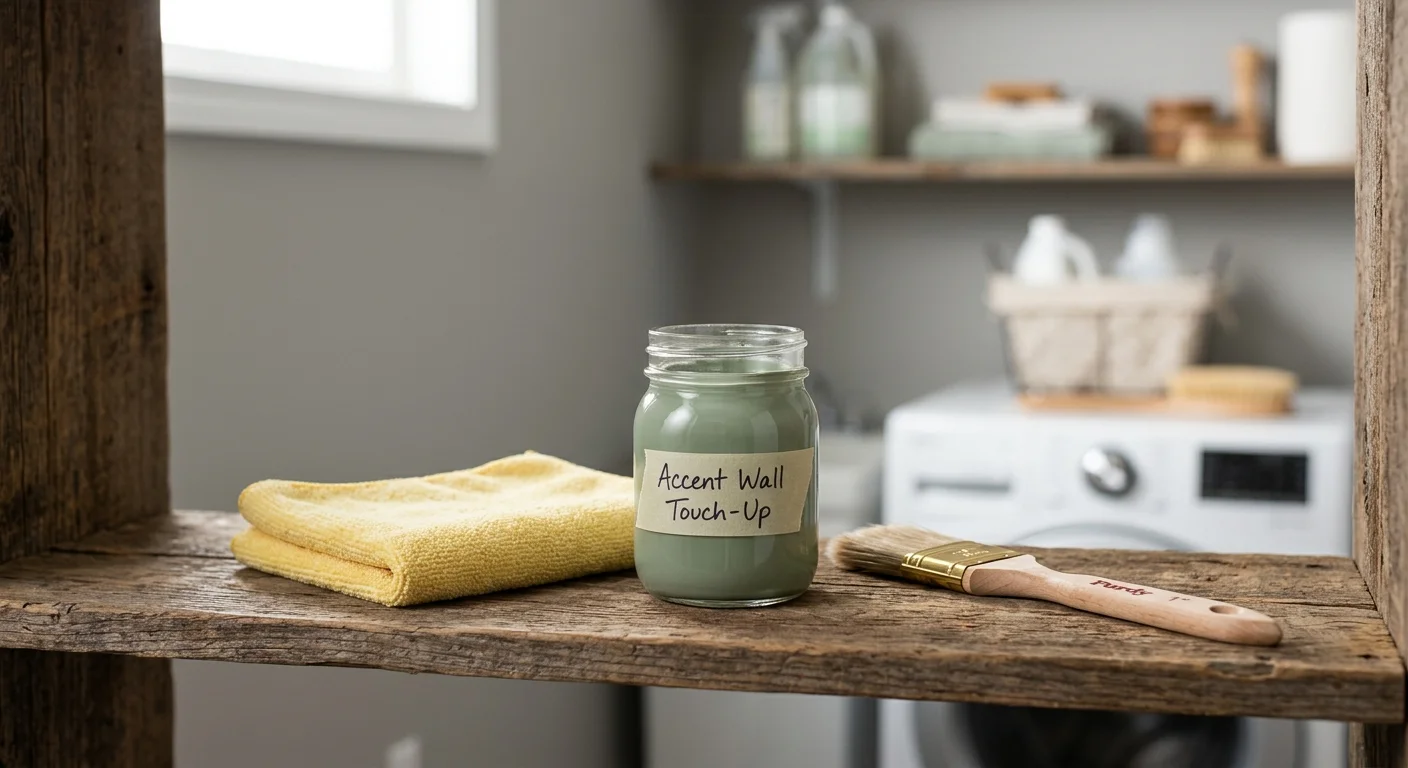 A labeled glass jar of leftover paint next to a brush and microfiber cloth sitting on a wooden utility shelf.