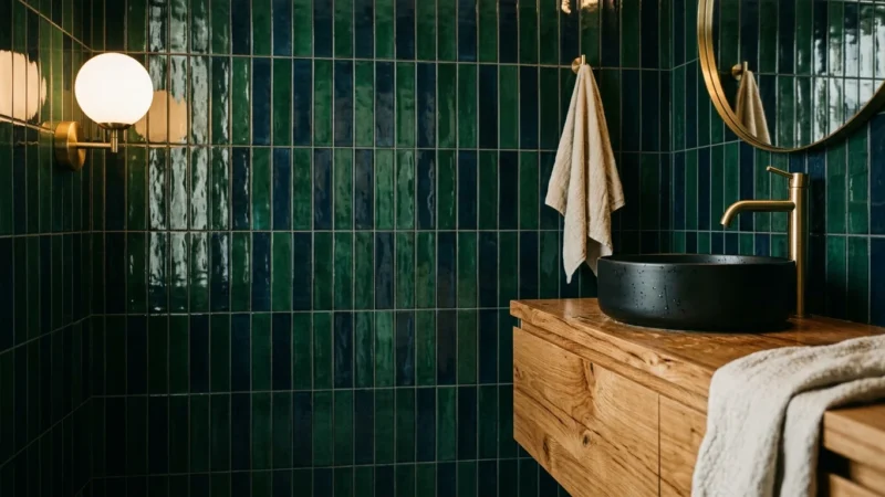 A luxurious bathroom with glossy emerald green and midnight blue vertical tiles behind a warm oak wood vanity with brass fixtures.