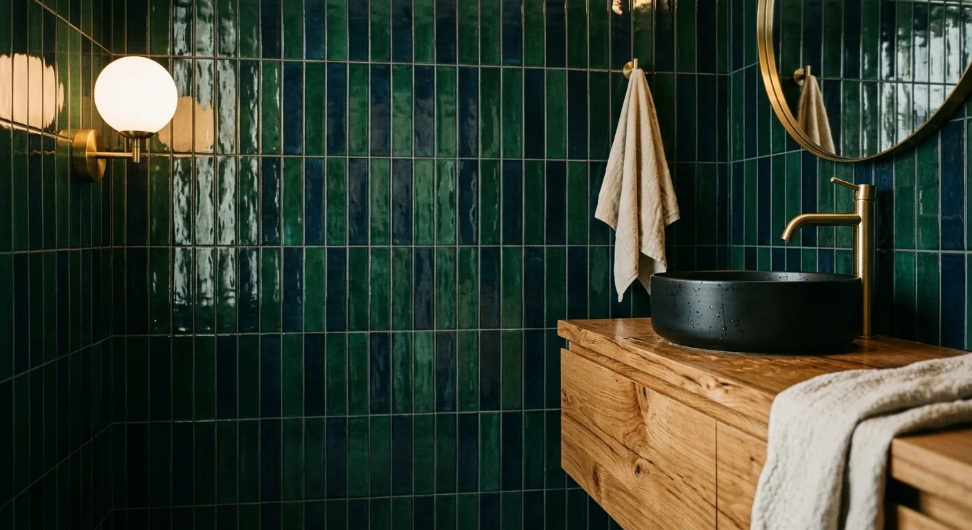 A luxurious bathroom with glossy emerald green and midnight blue vertical tiles behind a warm oak wood vanity with brass fixtures.