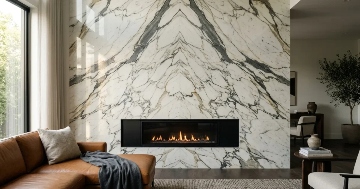A luxurious modern living room featuring a dramatic floor-to-ceiling Calacatta marble fireplace accent wall with bold charcoal veining.