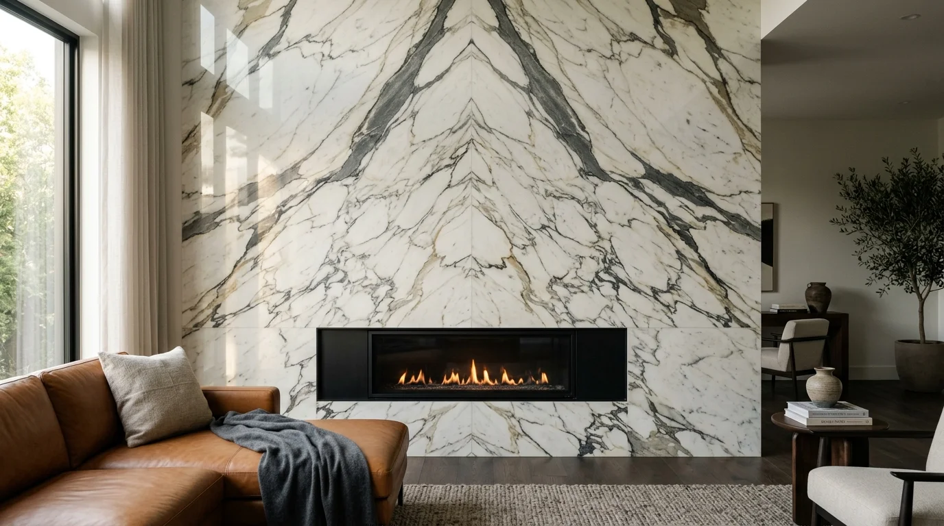 A luxurious modern living room featuring a dramatic floor-to-ceiling Calacatta marble fireplace accent wall with bold charcoal veining.