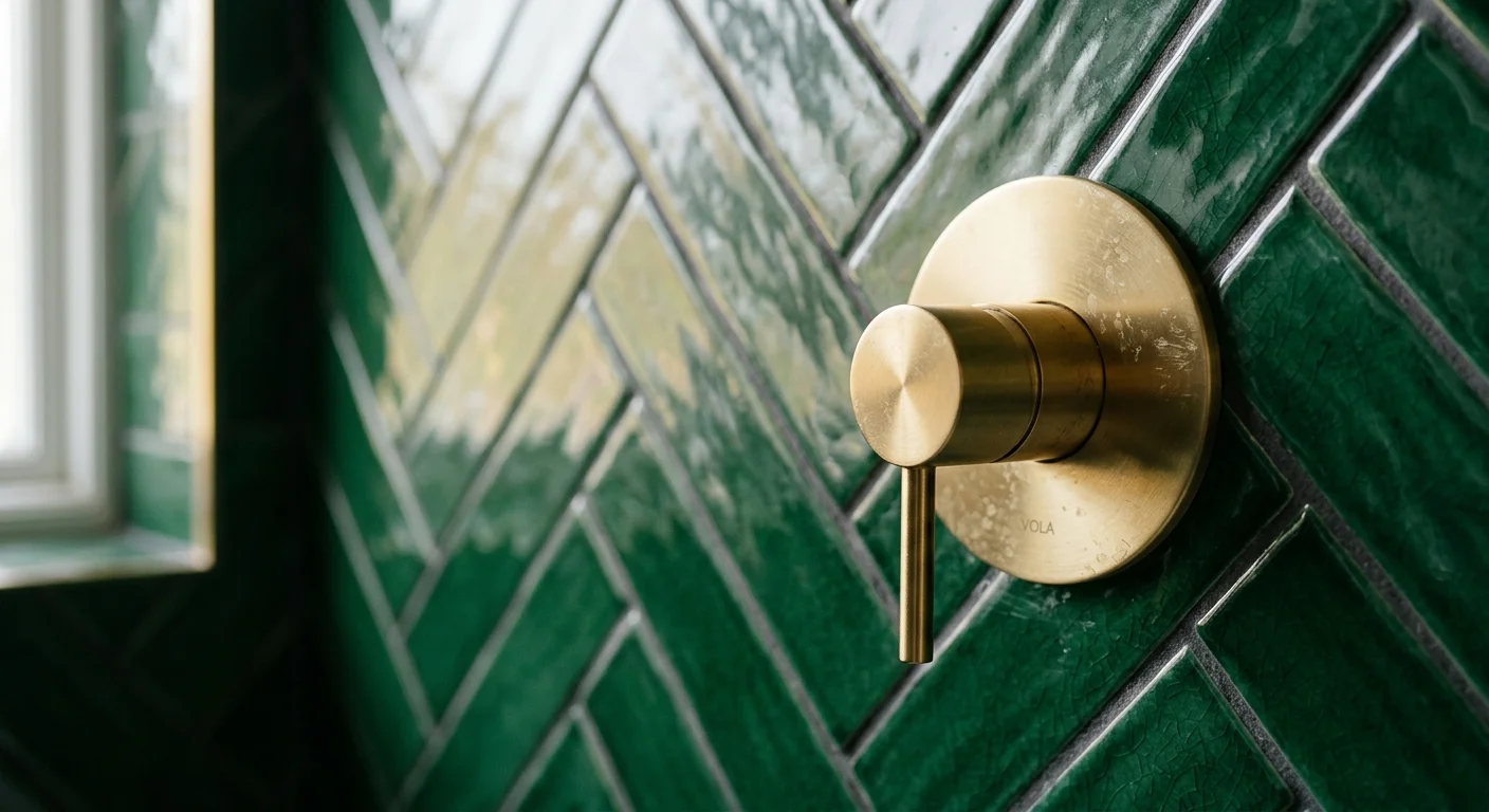 A macro photograph of a brushed brass fixture mounted against deep emerald green herringbone-patterned tiles.