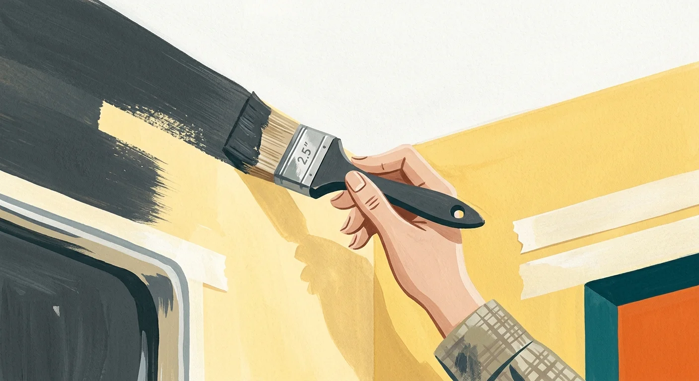 A mid-century gouache illustration showing a hand cutting in matte charcoal paint along a crisp white ceiling line.