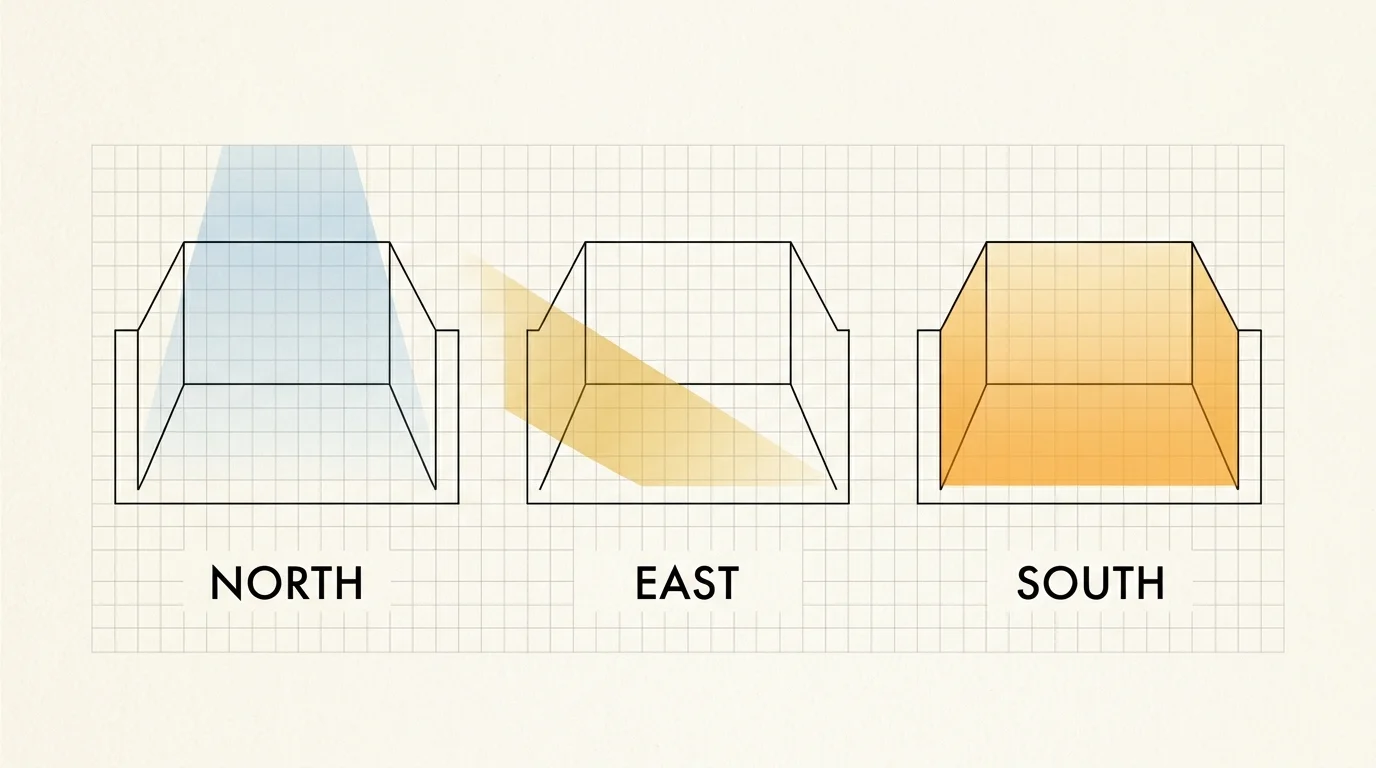 A minimalist architectural diagram illustrating how natural light enters North, East, and South-facing rooms with cool and warm color washes