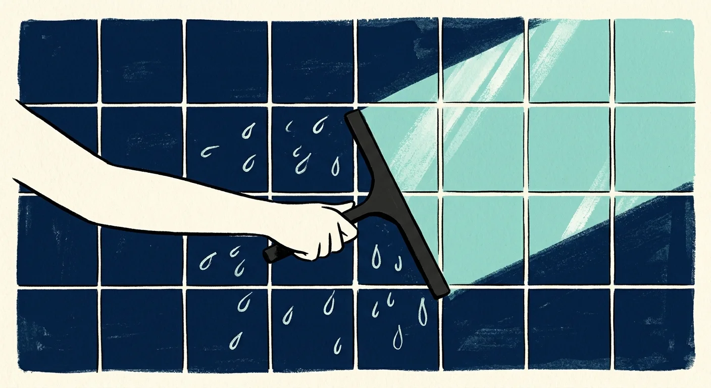 A minimalist illustration of a squeegee cleaning water droplets off a midnight blue tile wall, leaving a clean teal path.