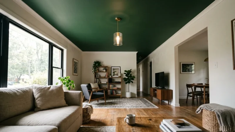 A modern living room with neutral walls and a dramatic forest green painted ceiling, captured in warm afternoon light.
