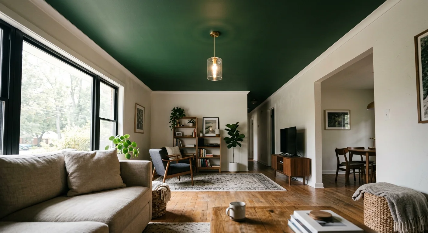 A modern living room with neutral walls and a dramatic forest green painted ceiling, captured in warm afternoon light.