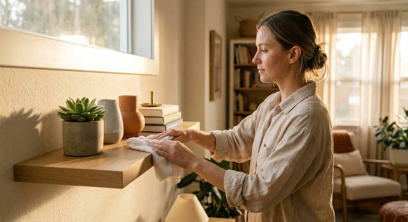 A person gently dusting a minimalist white oak floating shelf decorated with books and a succulent during golden hour.