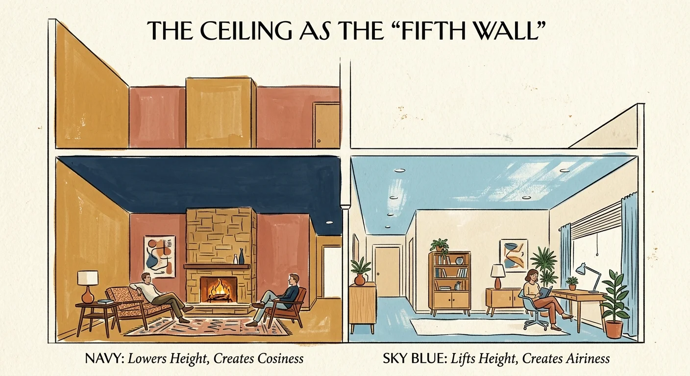 A stylized gouache illustration showing how dark and light ceiling paint colors alter the perceived height of a room.