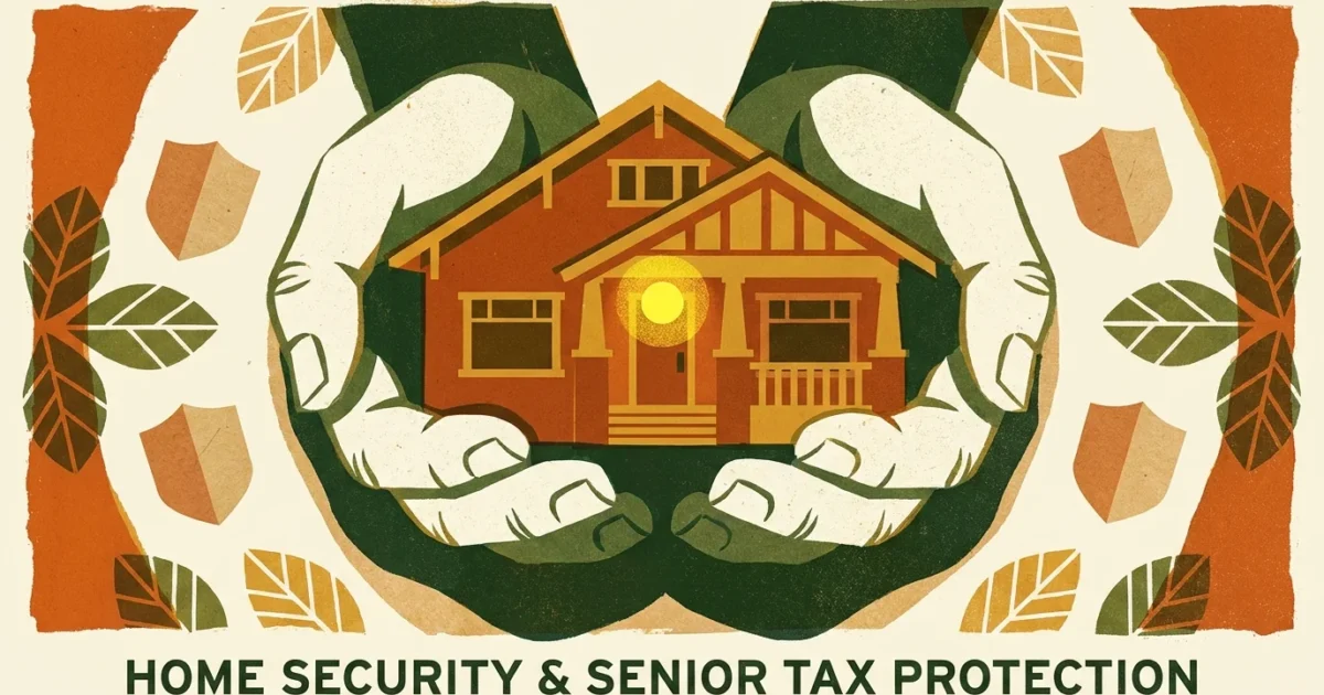 A stylized screenprint illustration of a cozy craftsman bungalow house nestled safely inside a giant pair of protective hands.