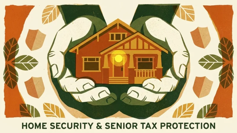 A stylized screenprint illustration of a cozy craftsman bungalow house nestled safely inside a giant pair of protective hands.