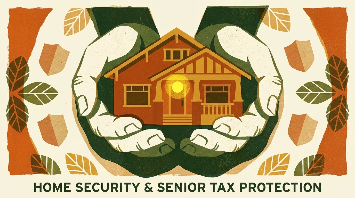 A stylized screenprint illustration of a cozy craftsman bungalow house nestled safely inside a giant pair of protective hands.