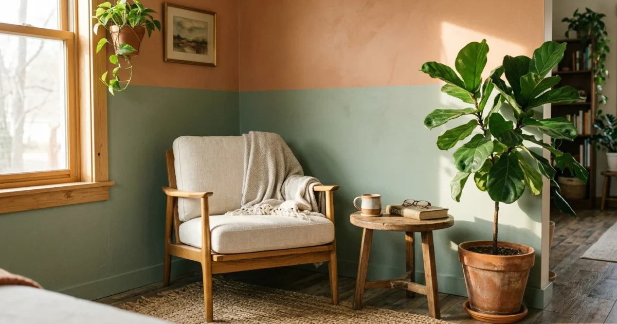 A sunlit living room corner featuring a dual-tone accent wall painted in sage green and terracotta peach behind a mid-century modern chair.