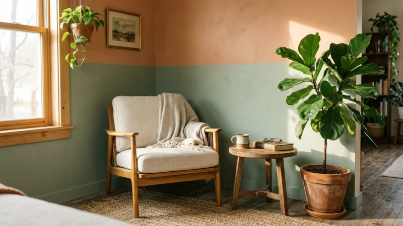 A sunlit living room corner featuring a dual-tone accent wall painted in sage green and terracotta peach behind a mid-century modern chair.