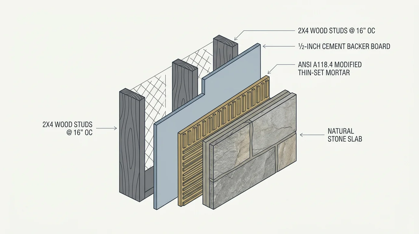 A technical cross-section diagram detailing the layers of a stone wall installation: studs, cement board, LFT mortar, and stone slab.