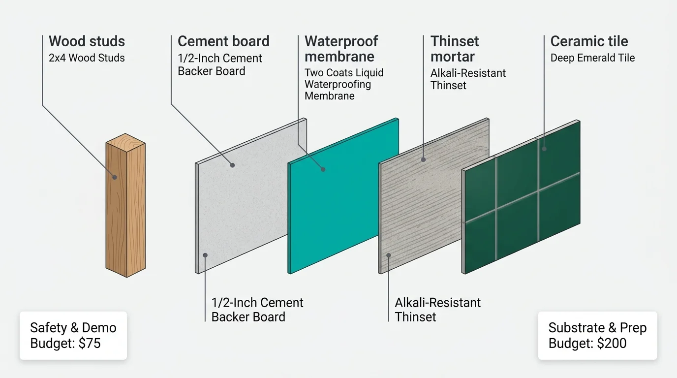 A technical diagram detailing the layers of a waterproof tiled wall, from wood studs to the final deep emerald tile.