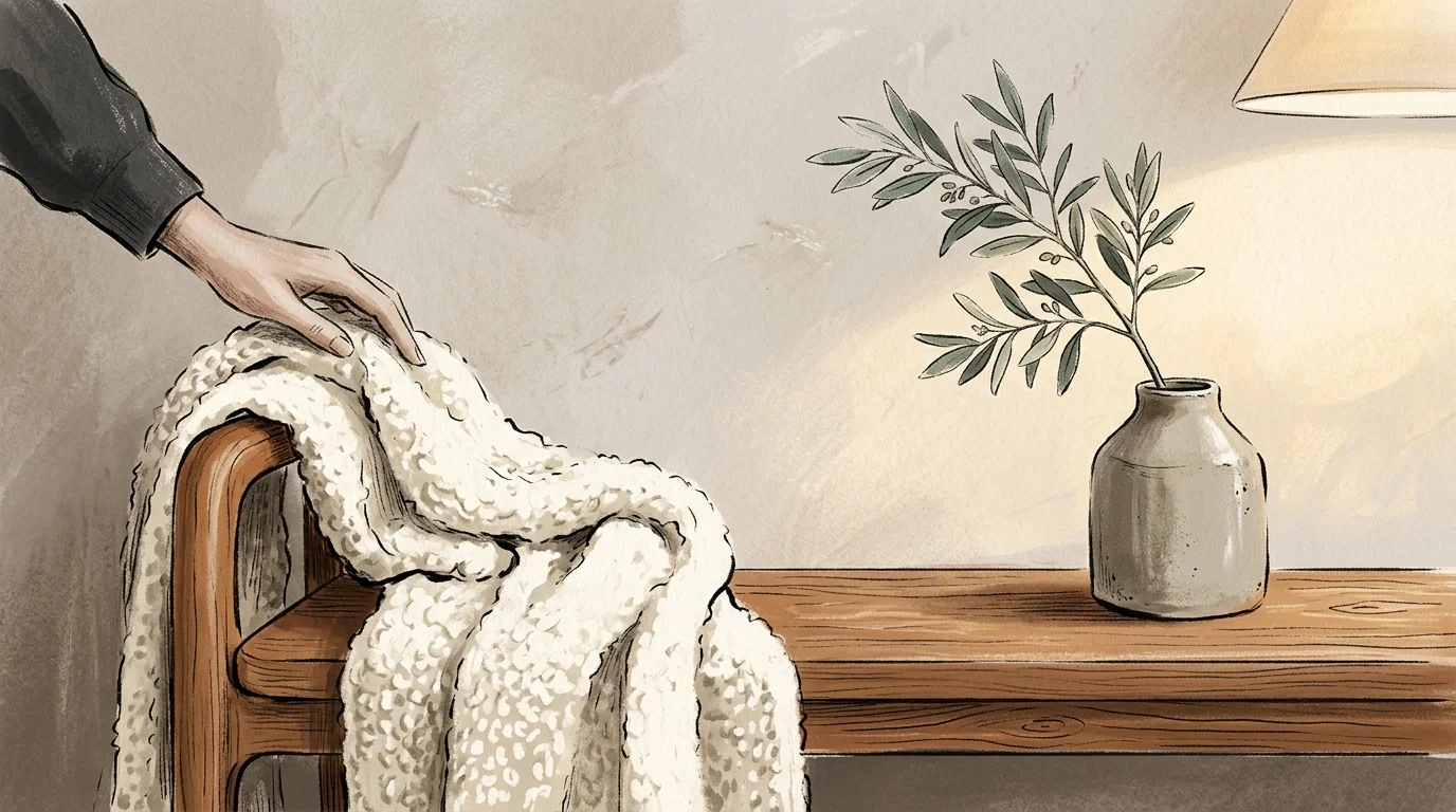 A textured gouache illustration of a hand draping a boucle blanket over a wood bench next to a ceramic vase with an olive branch.