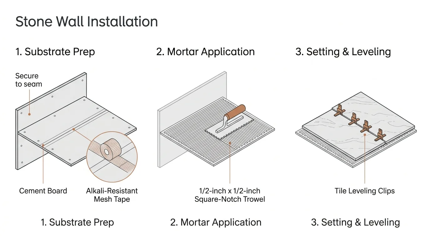 A three-part horizontal diagram showing step-by-step instructions for substrate preparation, troweling mortar, and setting leveling clips.