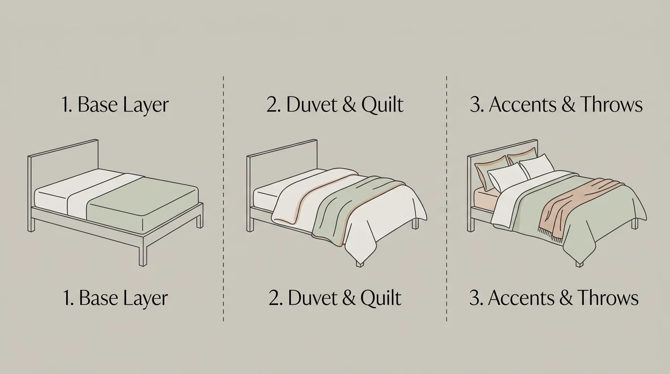 A three-step diagram showing how to layer bed sheets, a folded duvet with a quilt, and finish with accent pillows.