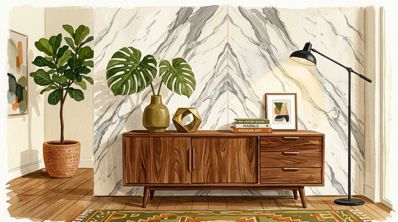 A warm gouache illustration of a mid-century modern living room with a marble accent wall, walnut credenza, and green plants.