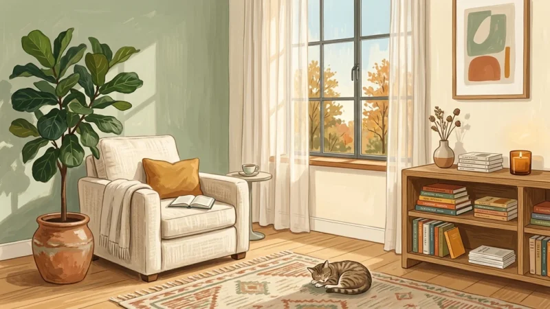 A warm gouache illustration of a serene, sunlit living room with a linen armchair, potted plant, and neat oak bookshelf.