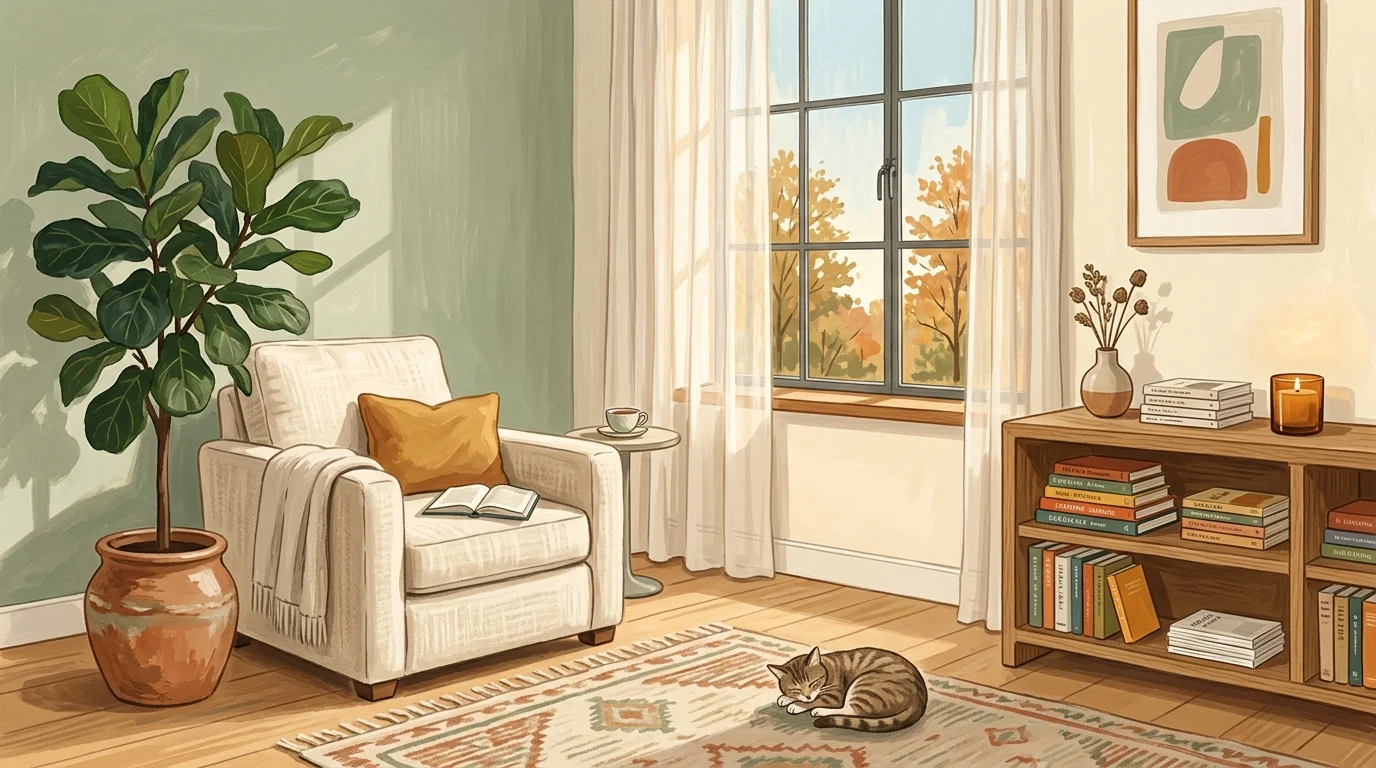 A warm gouache illustration of a serene, sunlit living room with a linen armchair, potted plant, and neat oak bookshelf.