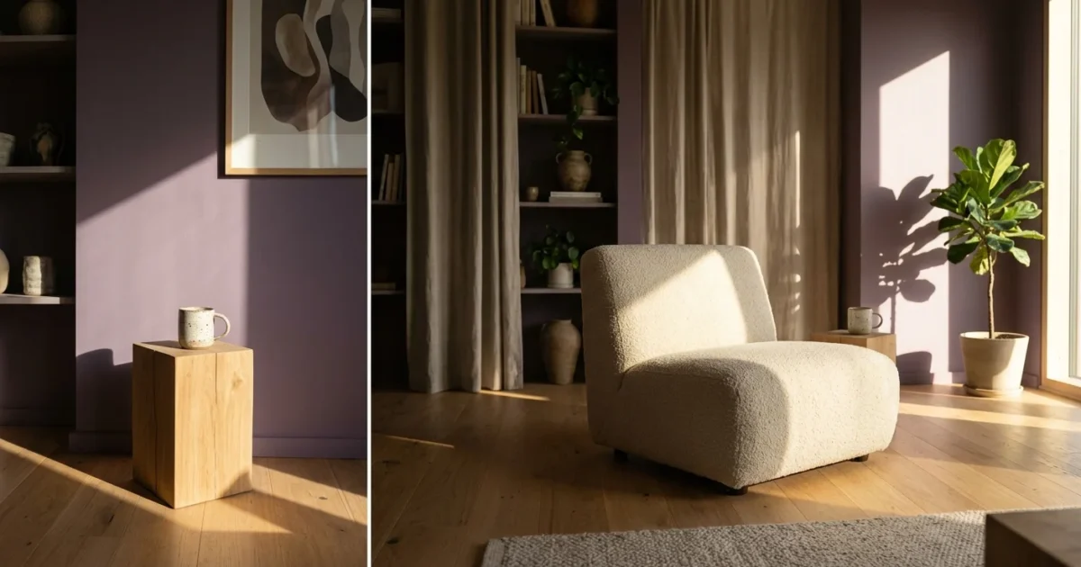 A warm, sunlit living room featuring a matte dusty lilac wall that absorbs glare, styled with a cream boucle lounge chair.