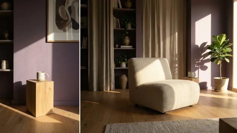 A warm, sunlit living room featuring a matte dusty lilac wall that absorbs glare, styled with a cream boucle lounge chair.