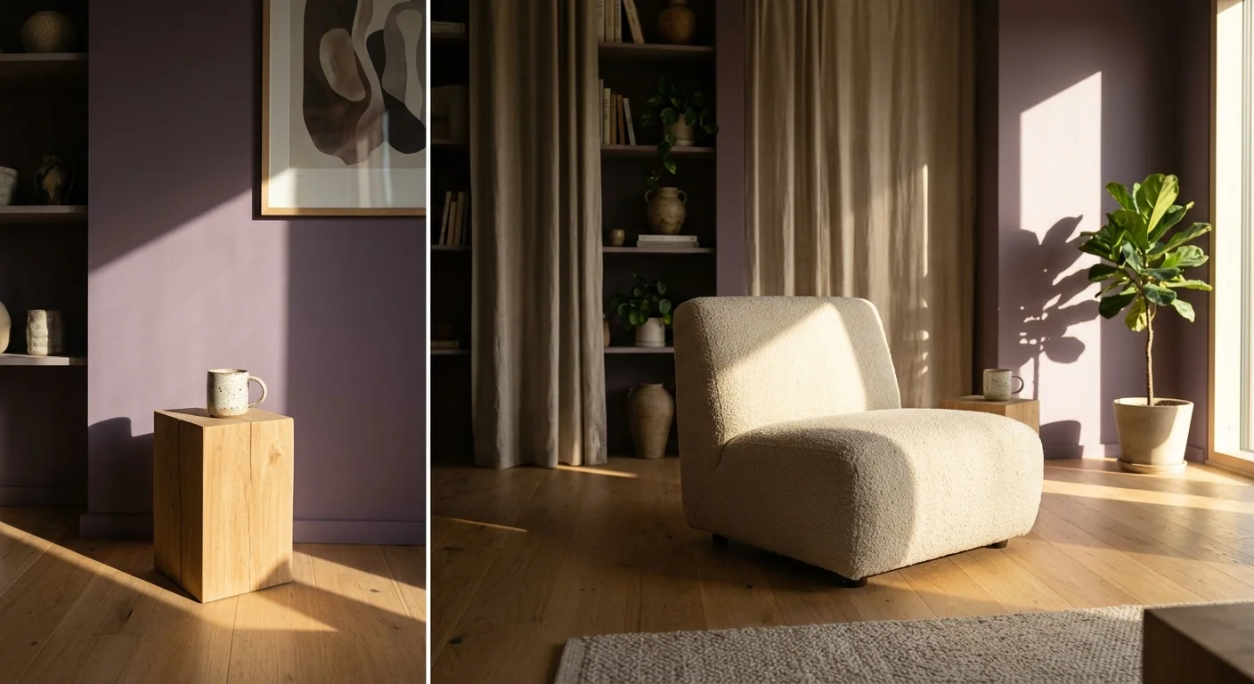 A warm, sunlit living room featuring a matte dusty lilac wall that absorbs glare, styled with a cream boucle lounge chair.