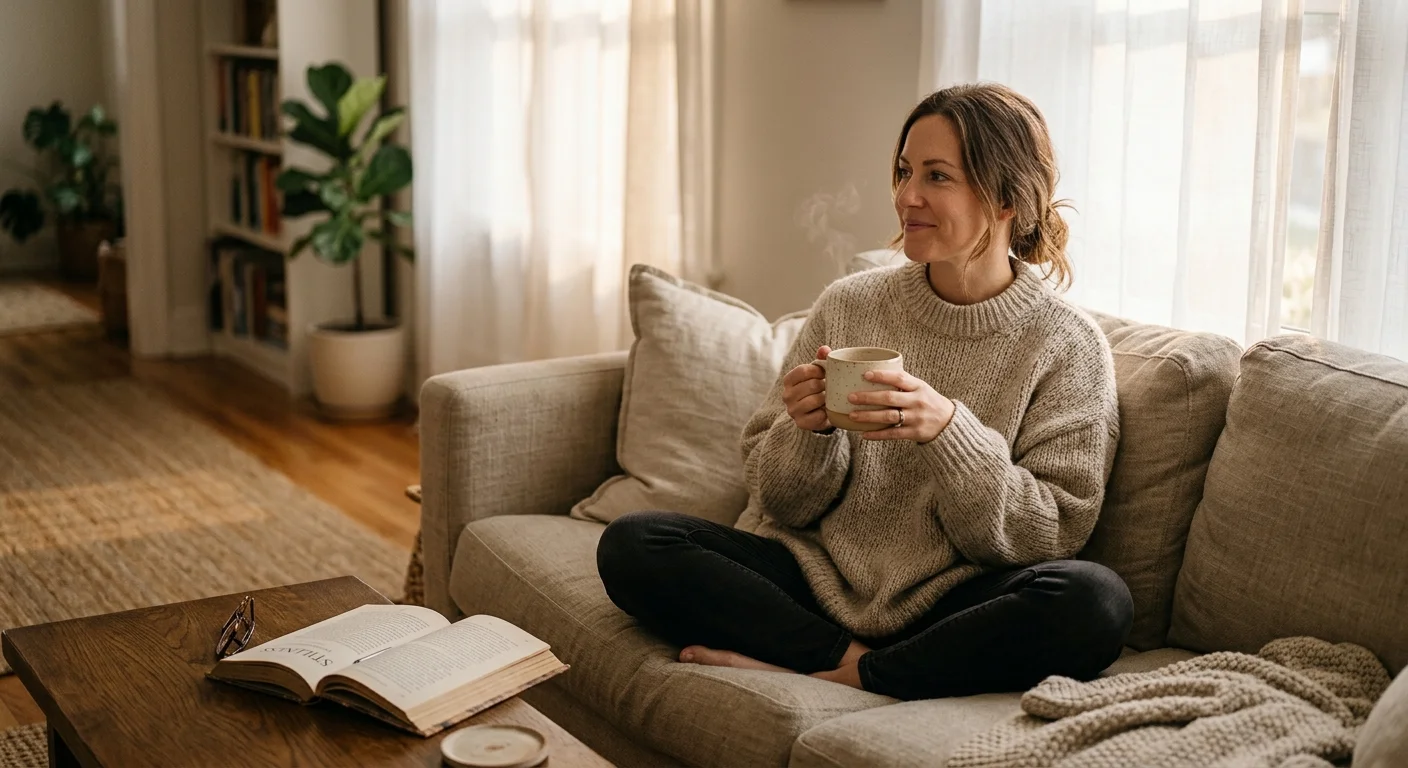 A woman in a cozy knit sweater sits on a linen sofa holding a ceramic mug, bathed in soft morning light.