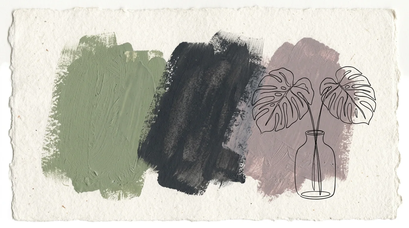 An artistic illustration displaying swatches of muted sage, chalky charcoal, and dusty lilac next to a minimalist line-art leaf.