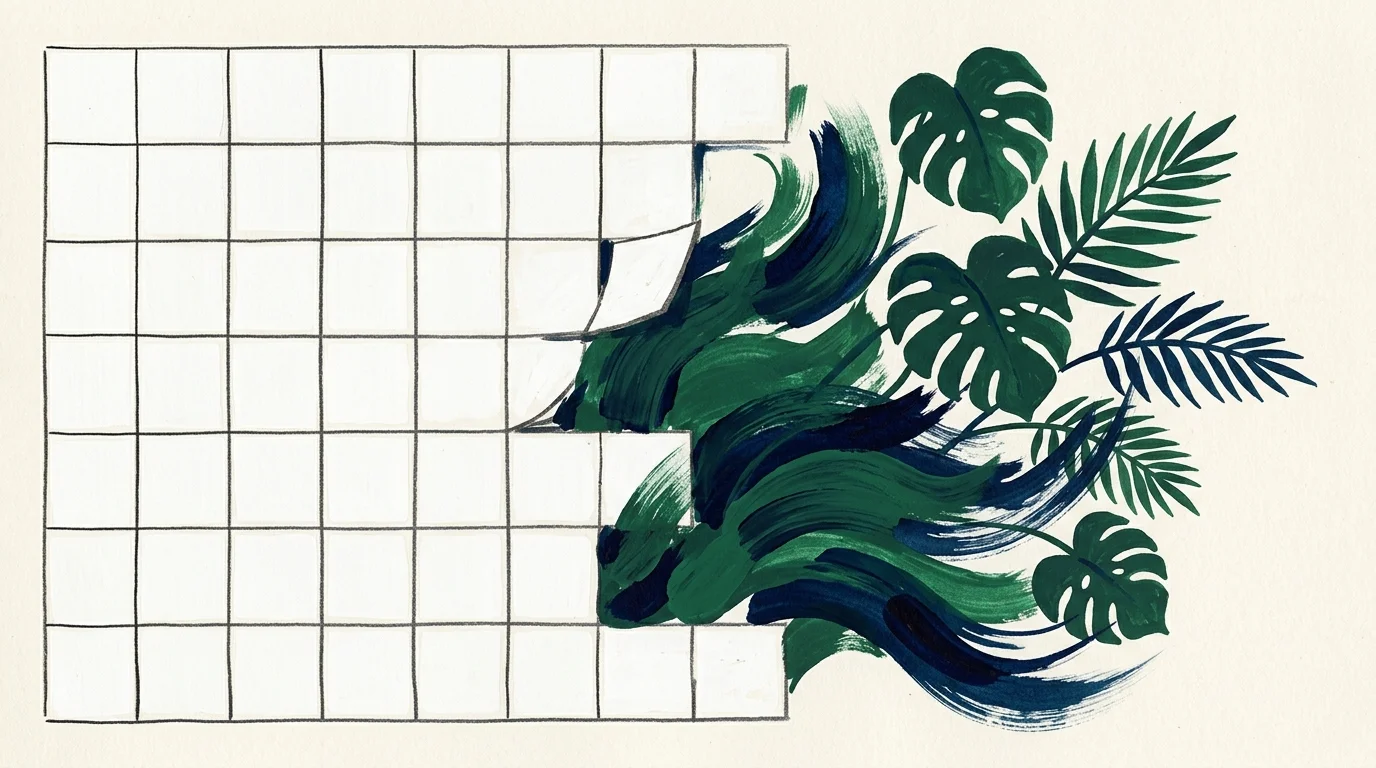 An artistic illustration showing a cold white tile grid peeling back to reveal vibrant emerald green and midnight blue brushstrokes.