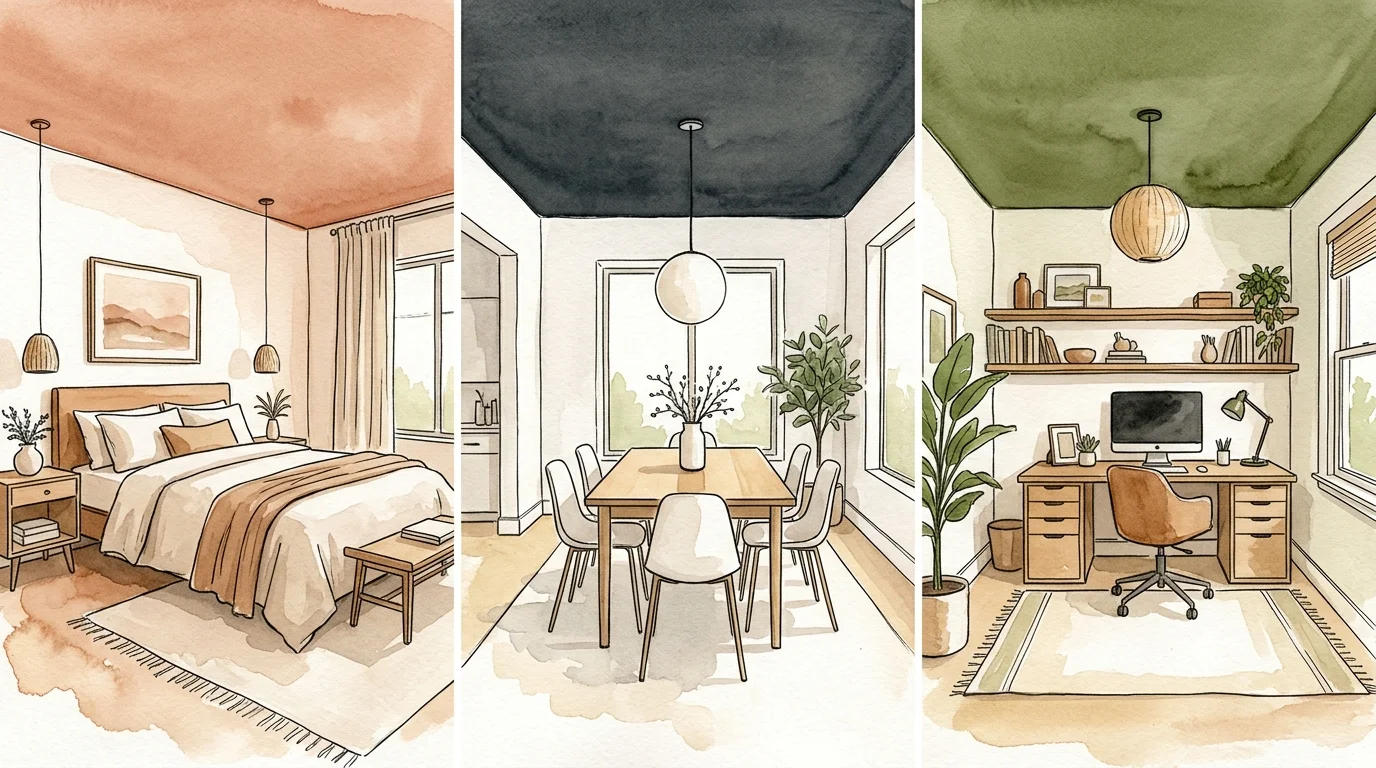 An artistic three-panel illustration showcasing terracotta, charcoal, and olive green ceiling design ideas.