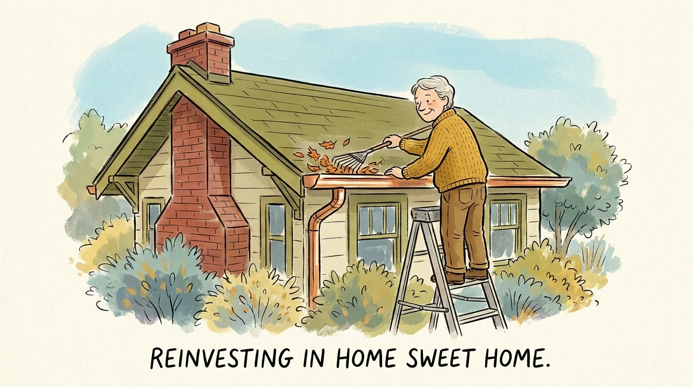 An editorial gouache illustration of an older adult happily cleaning the gutters of their cozy, well-maintained bungalow.