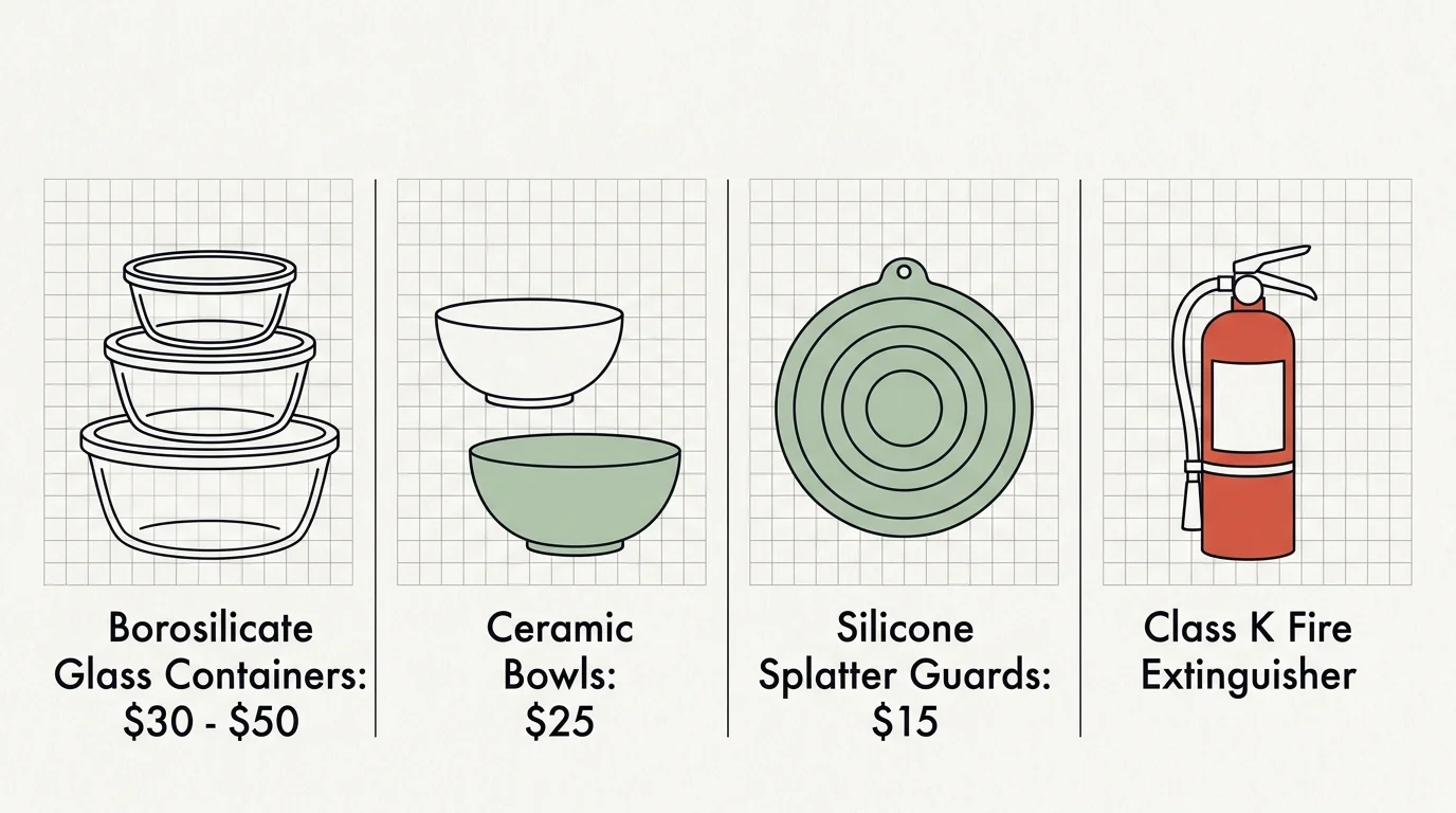 An editorial infographic diagram showing safe microwave alternatives with prices: borosilicate glass, ceramic bowls, and silicone guards.