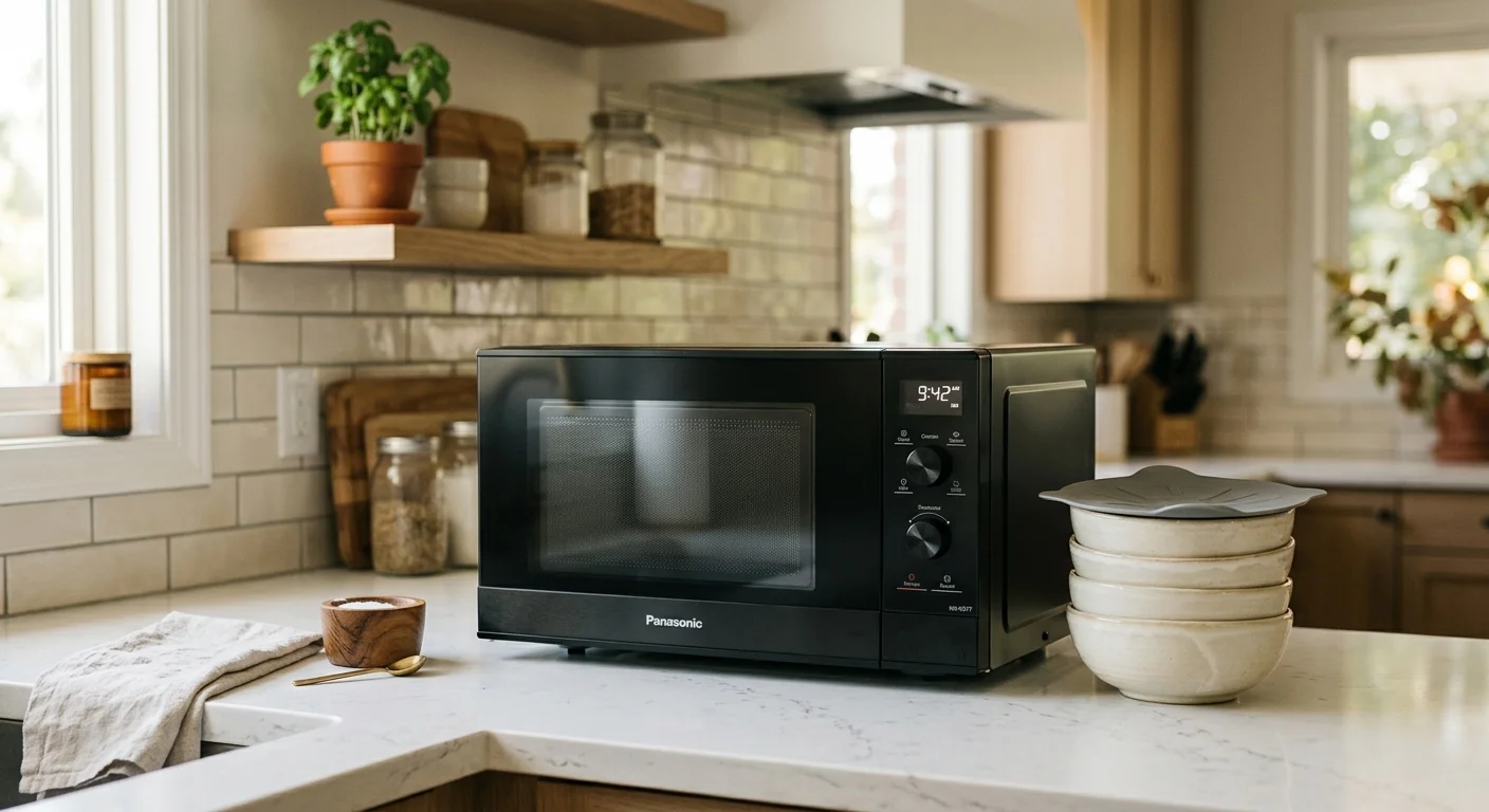 An editorial photograph of a modern matte black microwave on a quartz kitchen counter next to safe ceramic bowls.