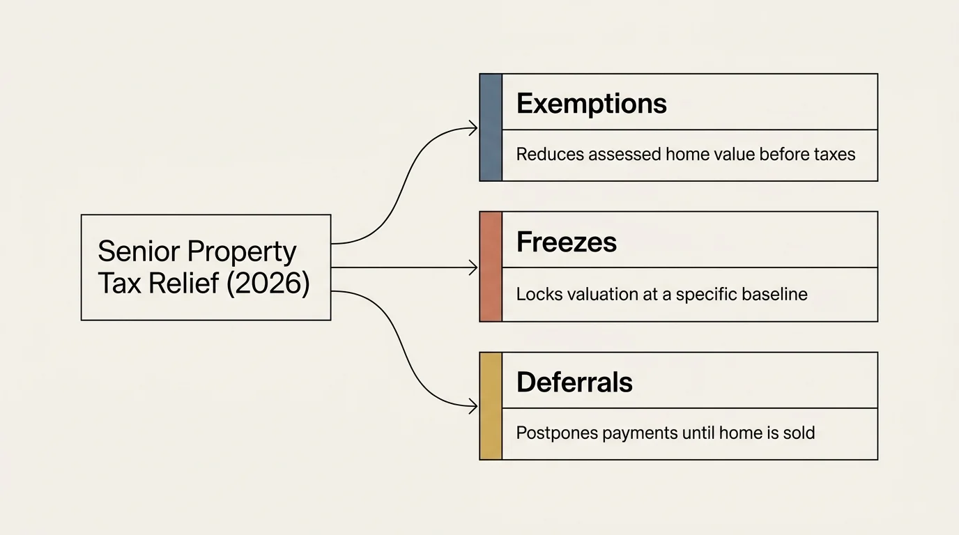 An elegant, horizontal editorial diagram breaking down the three senior property tax relief pathways: Exemptions, Freezes, and Deferrals.